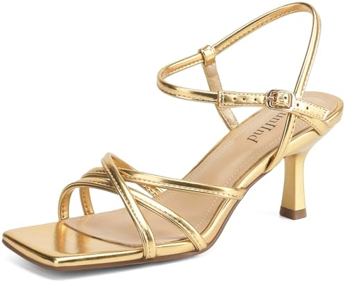 AIUNIIND Women's Sandals Square Open Toe Kitten Heels Strappy Ankle Strap Heeled Sandals for Women Comfy Weddings Shoes, Gold, 3 UK