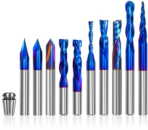10-teiliges CNC-Fräser-Bit-Set, 6,35 mm Schaft, Hartmetall, Mehrzweckfräser für Holzbearbeitung, Detailschnitzen, Trimmen, V-Nut-Gravur, Schlitzschlitz, Bonus 1/4 Zoll ER11 Hochpräzisions-Spannzange