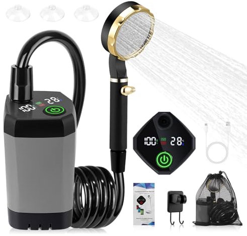 Portable Camping Shower, 7800mAh Rechargeable Electric Shower for Camping, IPX7 Waterproof Outdoor Shower Pump with LED Smart Display, 2m Hose, Storage Bag, Multiple Spray Mode,Hook for Hiking, Travel