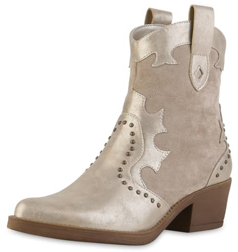 VAN HILL Damen Cowboy Boots Trichterabsatz Nieten Trendy Schuhe 216580 Gold 36