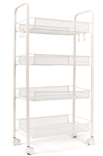 Carro portaobjetos con 4 estantes con ruedas (84 x 43 x 26 cm) – Carro organizador de red con ganchos – Carro móvil para cocina, baño, oficina – Metal antioxidante (beige)