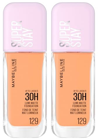 Maybelline New York Foundation, flüssig, langer Halt, Superstay Lumi, matt, 30 H, modulare Abdeckung, wasserdicht, kein Transfer, mittlere bis hohe Abdeckung, Farbe 129 mit Aminosäuren – 2 Flaschen à