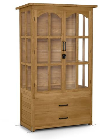 M MCombo Gartenschrank Gartenhaus Holz Wetterfest, Geräteschrank Gerätehaus Outdoor, für Außenbereich Balkon Terrasse, Gartenhütte mit 2 Bewegliche Regale, 58×107×180 cm, 1155 (Natur)