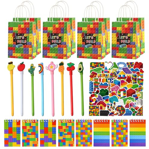 74 blocchi di costruzione per bambini compleanno blocchi di costruzione per bambini regali 8 penne 8 mini quaderni 8 sacchetti regalo compleanno 50 adesivi mattoni