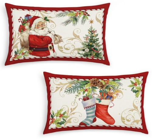 Bonhause 2er Set Kissenbezüge Weihnachten Weihnachtsbaum Socken Santa 30 x 50 cm Dekorative Kissenhülle für Sofa Schlafzimmer Wohnzimmer Winter Feiertag Dekoration
