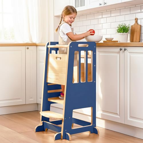 WINGYZ 3-Fach Höhenverstellbar Holz Learning Tower für Babys ab 1 Jah mit Kippschutz rutschfesten Streifen Eräuschdämpfenden Polstern, Tritthocker Kinder für Küche Badezimmer Lesezimmer (Dunkelblau)