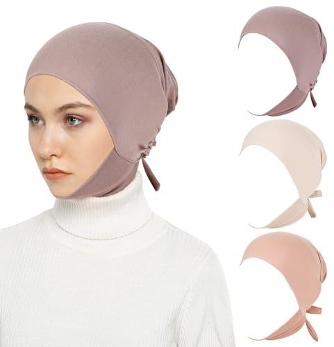 XEPST 3 STÜCK Hijab-Unterkappe für Frauen, Islamische Muslimische Unter-Hijab-Kappe Milchseidenstoff Untertuch Einfarbige Krawatte Rückseite Volle Abdeckung Turbane für Frauen Chemo-Schlafmütze, B