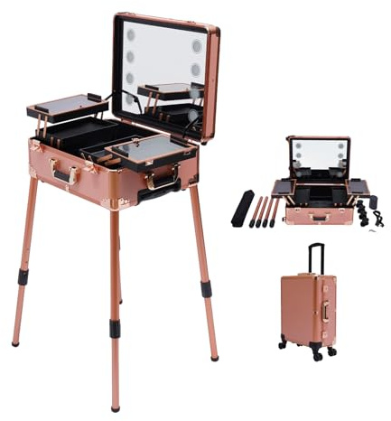 Levkitch Kosmetikkoffer Trolley mit Spiegel und Licht Mobile Schminkstation Tisch, Einstellbare Höhe und Helligkeit,Alu Friseurkoffer mit Rollen Make up Koffer Beauty Case Nageltisch (Rose Gold)