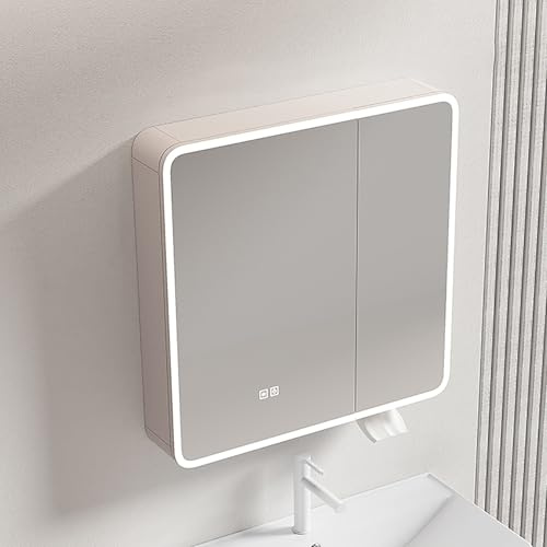 OWOHYG Rounded Corner Medicine Cabinet with LED Lights, Anti-Fog Bathroom Mirror Storage Shelf, Wall-Mounted Vanity Mirror for Bathroom, Stylish & Functional Design,Beige,80cm/32in