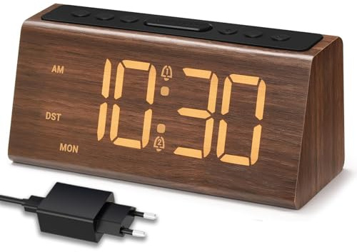 VORRINC Wecker Holz – Digitalwecker mit Dualalarm, Snooze, 4 Helligkeits- & Lautstärkestufen, USB-Ladeanschluss, DST-Taste, Anzeige von Zeit & Wochentag