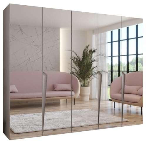 MEBLE KRYSPOL - Kleiderschrank - Garderobenschrank - 250 cm x 202 x 52 cm - Schrank mit Kleiderstange und Spiegel, 5 Türen - für Schlafzimmer, Flur - Piano, Kaschmir, Griff Kaschmir