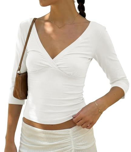 BAIGRAM Womens 3/4 Half Sleeve Deep V Wrap Neck Ruched Crop Tops Open Back Tshirt Y2k Vintage Minimalist Slim Fit Tee Summer