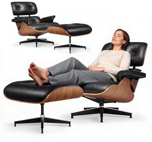 Asukale Leder Relaxsessel mit Hocker, Moderner Sessel Wohnzimmer Fernsehsessel, Drehbarer Chaiselongue mit Ottomane, Fester Neigungswinkel von 105°, TV-Sessel mit Gepolstertem Kissen, Schwarz