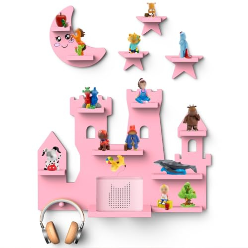 BORISI Wandregal für Toniebox 1 & 2, Holz Rosa, für 30+ Tonie Figuren | 12 mm Holz, Magnethalterung, Kabelkanal, Kopfhörerhaken, inkl. Namenssticker, Geschenkidee
