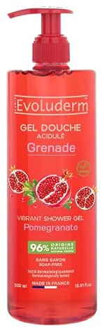 EVOLUDERM - Gel Douche Acidulé Grenade - 500ml - 96% d'Ingrédients d'Origine Naturelle - Végan - Fabriqué en France