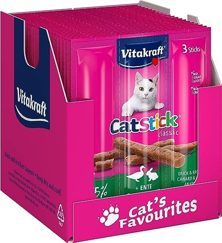 Vitakraft Cat Stick Classic, Katzensnack, fleischige Mini-Sticks, mit Ente und Kaninchen, in Vorratsgröße, ohne Zusatz von Zucker und Getreide (20x 3 Stück)