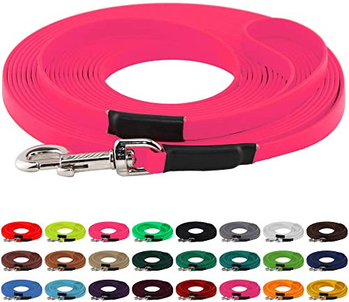 LENNIE BioThane Schleppleine, 19mm, Hunde ab 35kg, 5m lang, mit Handschlaufe, Neon-Pink, genäht