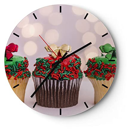 Modern Wanduhr Cupcakes Dessert Kuchen gebacken 30x30cm Rund Klein Wand Uhr Glas Analog Zimmeruhren Küche Büro Wohnzimmer Glasuhr Wall Clock Dekoration Design Wanddekoration Küchenuhr C3AR30x30-2436
