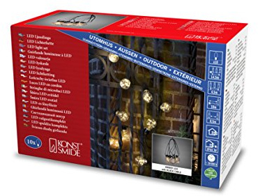 Konstsmide LED Biergartenkette, klar, mit LED Topfen, 10 klare Birnen / 100 bernsteinfarbene Dioden, 3V Außentrafo, weißes Kabel - 2375-800