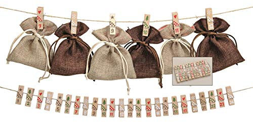 Adventskalender Klammer Set aus Holz 24teilig mit Adventskalender Zahlen 4cm