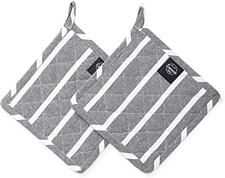 Encasa Homes 8 inches Oven Microwave Potholders (2 pc Set) for Kitchen Cooking & Baking - Heat Resistant, Thick & Safe, Protection of Hands from Hot Utensils, Grill, BBQ - Grey Stripes