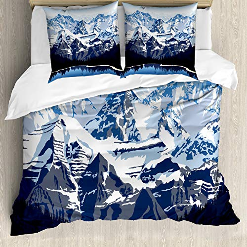 ABAKUHAUS Landschaft Bettbezugs Set Für Doppelbetten, Berg mit Schnee Blick, Milbensicher Allergiker geeignet mit Kissenbezügen, Dunkelblau