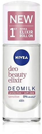 NIVEA DeoMilk Sensitive Beauty Elixir Desodorante Roll on (1 x 40 ml), con esencia de leche, desodorante antitranspirante para pieles sensibles, rehidrata y protege