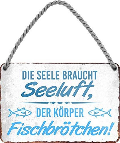 WOGEKA ART Retro Blechschild - Seele braucht Seeluft, der Körper Fischbrötchen - witziger Spruch Geschenk-Idee zum Geburtstag Weihnachten 18x12 cm Vintage-Design Hänge-Schild HS361