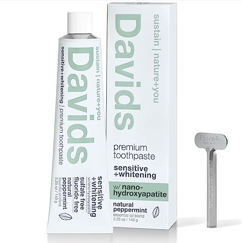 Davids Dentifrice naturel Nano Hydroxyapaite pour sensibilité, menthe poivrée, sans fluorure, sans SLS, émail reminéralisé, blanchiment doux, presse-dentifrice inclus, tube en métal recyclable, 145 g