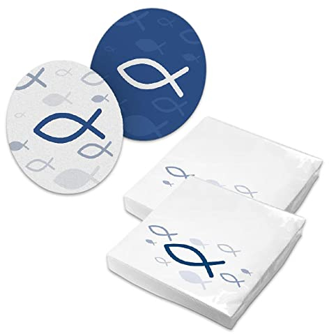 itenga 40x Servietten Fisch mit 40x Bierdeckel Kommunion Konfirmation Taufe blau