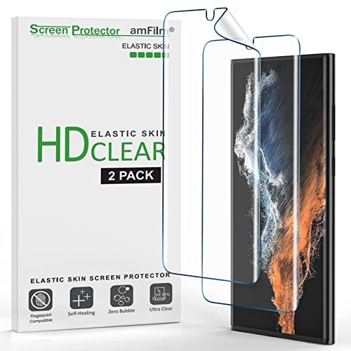 amFilm 2 Protectores de Pantalla para Samsung Galaxy S22 Ultra 5G de 6,8 Pulgadas, Compatible con ID de Huellas Dactilares, con Herramienta de Alineación Fácil de Instalar, HD Clear, Película de TPU