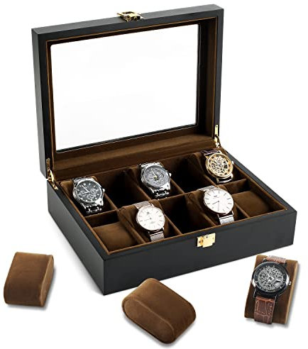PEAKXCAN Uhrenbox aus Holz mit 10 Fächern, großer Uhren-Organizer für Herren, braune Samtkissen mit Glasplatte, schwarzer Lack