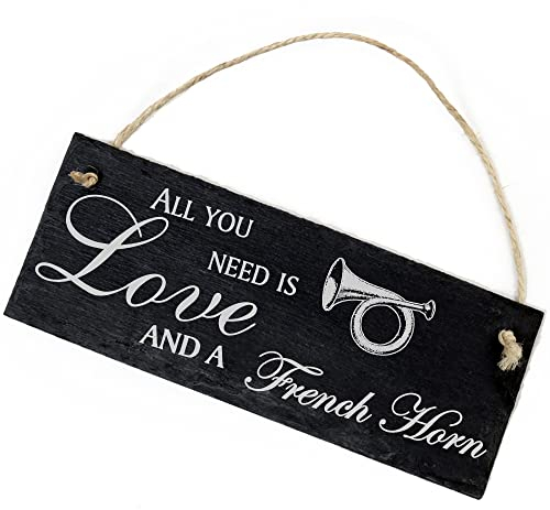 Schiefertafel Deko Waldhorn Schild 22 x 8 cm - All you need is Love and a French Horn - Wanddeko Dekoration Türschild