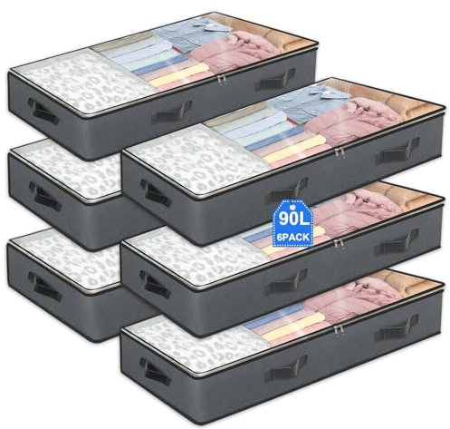 BiCINE 6 Pack Under Bed Storage Containers, 90L Collapsible Closet Organizers and Storage Bins, Underbed Storage Bags for Wrapping Paper, Blanket, Towels, Clothes, Comforter, Sweaters, Linen Sheets