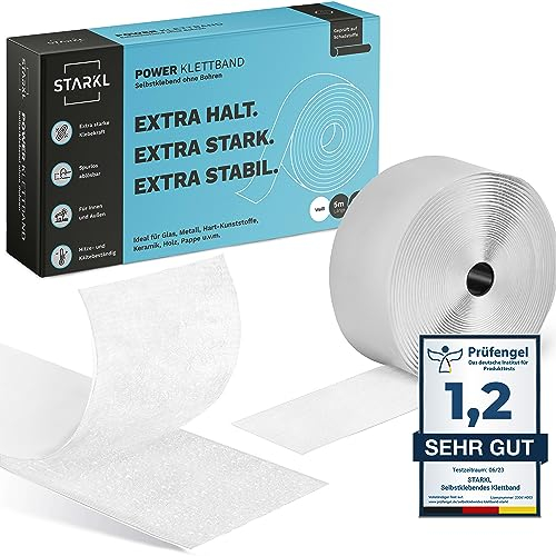 STARKL® Klettband Selbstklebend - BPA frei - 5m x 50mm - Klettverschluss Selbstklebend Weiß - Extra Breit - Doppelseitiges Klettband für Innen und Außen
