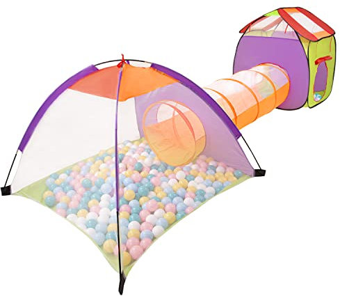 Selonis 3In1 Spielzelt Mit Tunnel Spielplatz Popup Bällebad Mit 100 Bälle Für Kinder, Mehrfarbig:Weiß/Gelb/Babyblau/Puderrosa/Türkis