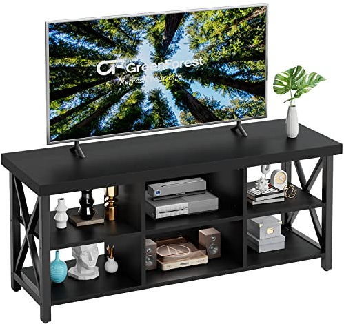 GreenForest Mesa consola de TV de 55 pulgadas, soporte de TV negro para TV de hasta 65 pulgadas, centro de entretenimiento con 6 armarios de almacenamiento para sala de estar,