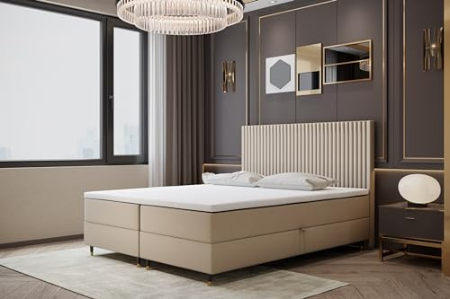 TRADA Boxspringbett 200 x 200 cm mit Taschenmatratze und Topper ESTEPONA - Bett mit Bettkästen und Elegants gepolsterte Kopfstütze - Hellbeige