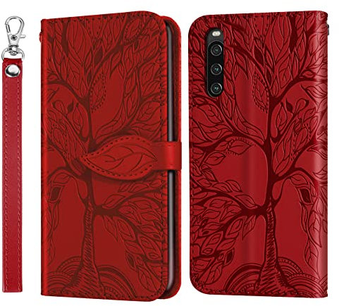 Rostsant Mobile Phone Case for Sony Xperia 10 IV Embossed Tree PU Leather Flip Case Wallet Cover for Sony Xperia 10 IV 5G Red