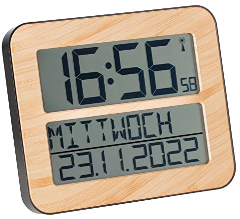 TFA Dostmann Timeline Max 60.4512 Digital Radio-Controlled Wall Clock with Weekday and Alarm Function L 258 x W 30 (120) x H 212 mm (Wood Look)