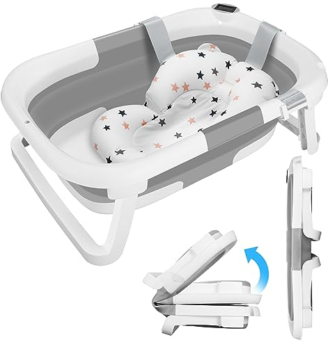 Bañera Bebe con Termómetro, Bañera Plegable Bebé con Almohadilla de Baño Antideslizante e Tapón de Ducha, Ergonómico, Ahorra Espacio, para Bebés de 0 a 36 Meses (A)