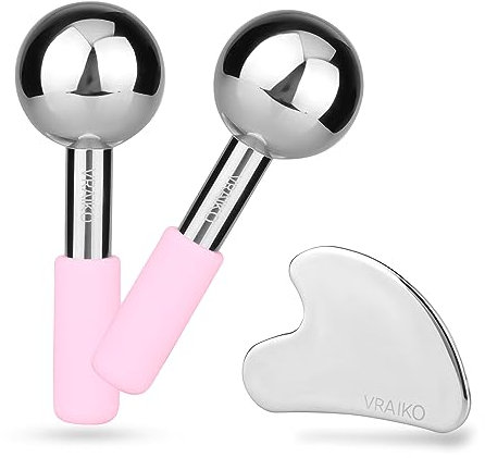 VRAIKO ICES Globes Gua Sha Set, Gua Sha Gesichtswerkzeuge und Kryo-Sticks mit unzerbrechlichem Stahl, Gesichtsmassagegerät, Kühlrollen für Augenringe, Schwellungen und Lymphdrainage (Rosa)