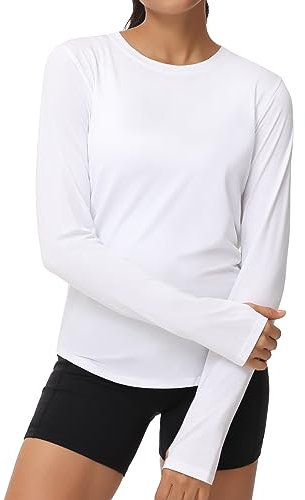 THE GYM PEOPLE Women's Long Sleeve Workout Shirts Athletic Crewneck Hiking Tops with Thumb Hole White