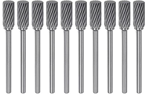 sourcing map 10pcs Carbide Rotary Burrs 1/8 (3mm) Shank 1/4 (6mm) Head Single Cut Cylindrical A Shape Die Grinder Bits Rasp Files for Hard Metal Wood Stone Polishing Engraving