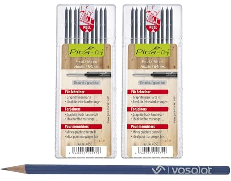 Pica Dry Minen Set - 20 Stück Ersatzminen graphit Härte H - ideal für Tischler
