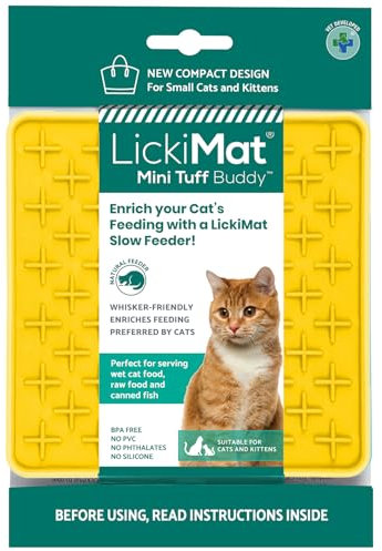 LickiMat Mini Tuff Buddy Cat Food Mat, Cat Slow Feeder for Boredom & Anxiety Relief for Cats, Perfect for Food, Treats, Yoghurt & Peanut Butter, Fun Alternative to a Slow Feeding Bowl, Yellow