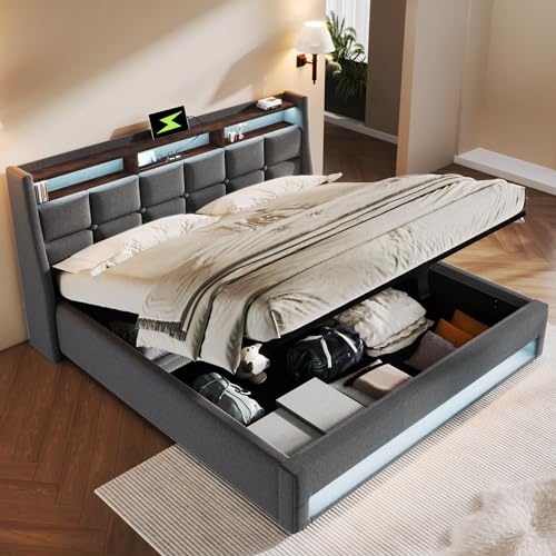 FEZTOY Polsterbett 140x200, LED Doppelbett mit Stauraum und Lattenrost, Kopfteil mit Staufach und USB-Ladefunktion, Hydraulisch Stauraumbett Rückenlehne Bettgestell, ohne Matratze (Grau, 140x200)