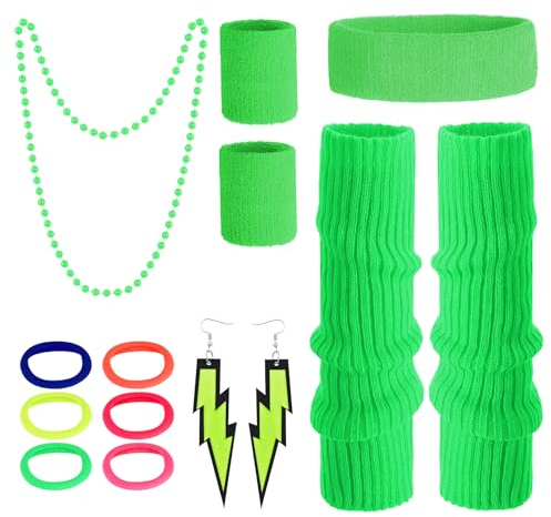 Apricitie Accessoires de costume des années 80, jambières tricotées, jambières, bandeaux, bracelets, boucles d'oreilles, bague pour les fêtes à thème des années 80, Rose, Taille unique