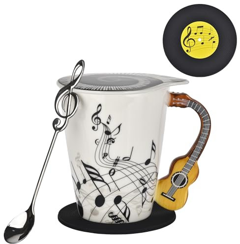 BUYNEED 12.9 oz Guitar Novelty Mug Musical Notes Design Guitar Coffee Cup with Music Cool Themed Lid and Spoon & Coaster,Gifts for Guitar Players Musician,Music Lovers Gift for Women,Men,