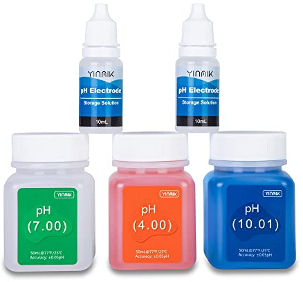 YINMIK Kit de solución de calibración de medidor de pH (4.00, 7.00 y 10.01) con kit de solución protectora de pH. 3 * solución tampón de calibración de pH de 50 ml y 2 * solución de pH KCL de 10 ml